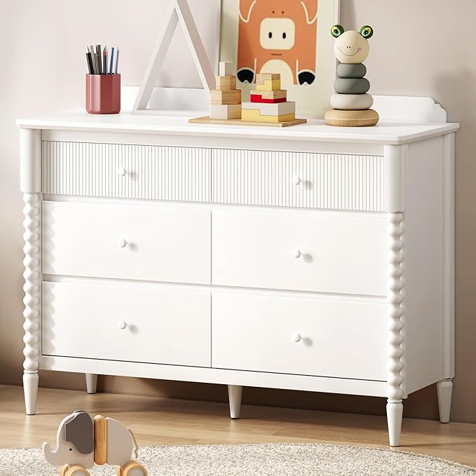 6 Drawer Dresser, Kids Dresser with Storage, Wide Chest of Drawers for Nursery, Wood Large Drawer Organizer Cabinet for Bedroom, Living Room, White