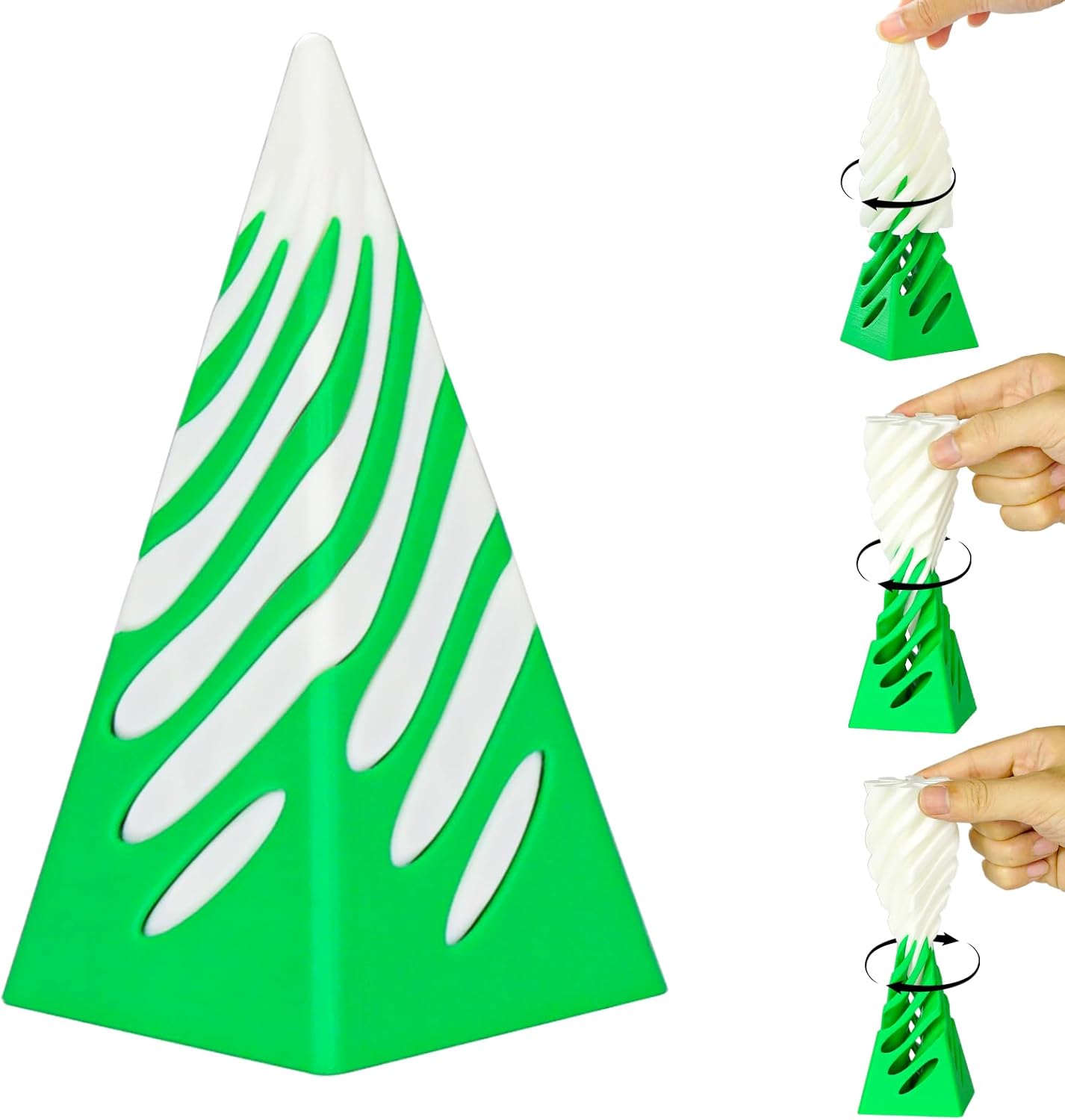 Impossible Pyramid Passthrough Sculpture, 3D Printed Spiral Cone Fidget Toys, Anxiety Relief Pass Through Pyramid Fidget Toy, Stress Relief Desk Toy Adults, Christmas, Birthday Gifts (Green White)