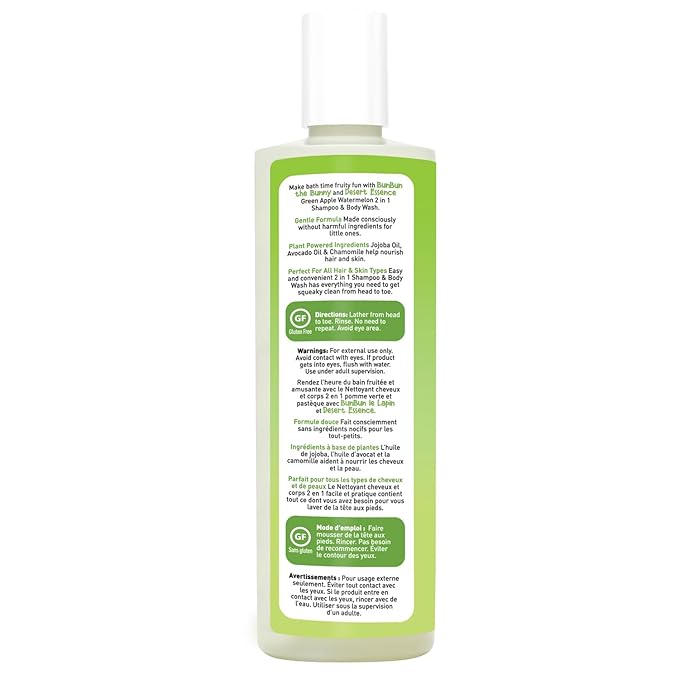 Desert Essence Kids 2-in-1 Shampoo & Body Wash 12.0 fl oz - Vegan, Gluten-Free. Cruelty-Free - Leaves Hair & Skin Nourished - Gentle Formula (Green Apple)