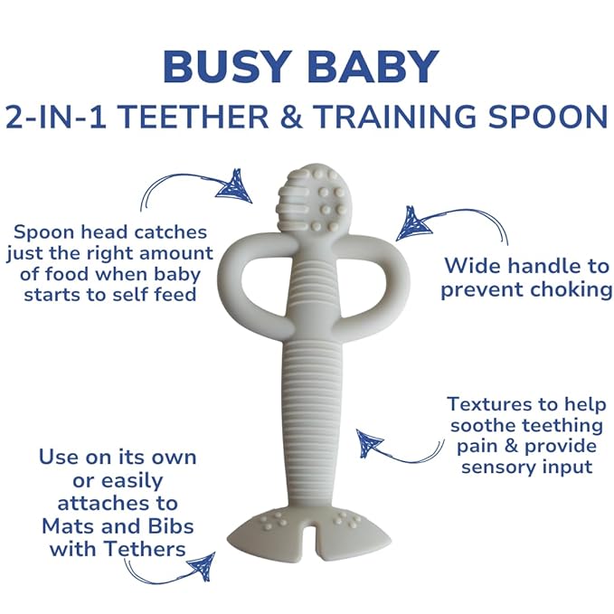 Busy Baby Teething Spoon - 2-in-1 Teether and Training Spoon for Self Feeding, Dishwasher Safe, BPA Free, Food Grade Silicone (Tan)