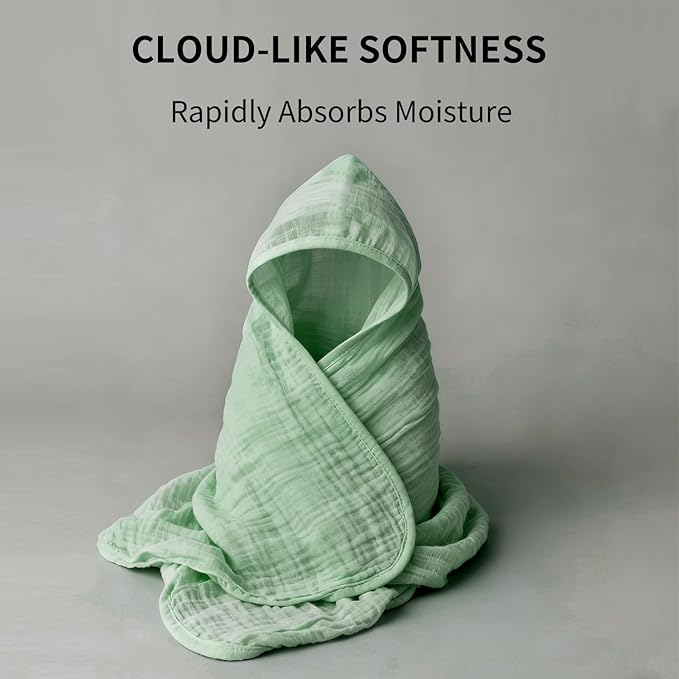 Organic Muslin Hooded Baby Bath Towels - 2 Pack 100% Organic Cotton Towel for Babies, Infants, Toddlers - 32x32Inch - Highly Absorbent and Newborn Essential(Blue Green)