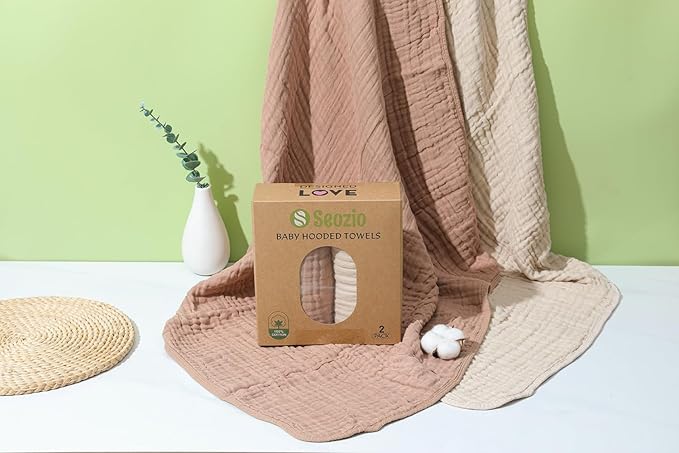 Muslin Hooded Baby Towels, 2 Pack 100% Cotton 32x32Inch Baby Bath Towel with Hood for Babies, Infant, Toddler, Soft and Absorbent Newborn Essential. (Light Bean Paste)