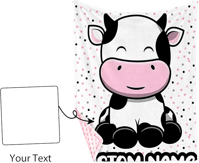 Personalized Baby Blankets for Girls, Custom Name Cow Pattern Baby Blanket, Soft Minky Dot Blanket for Newborns and Toddlers, Ideal for Baby Showers Christmas Brithday Gifts