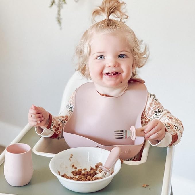 Ali+Oli Spoon & Fork Learning Set for Toddlers (Powder Pink) 6m+ Grab Easy BPA Free Food-Grade Silicone Handle, Kids Silverware Self Feeding Baby Utensil, Multi-stage Baby Feeding Set Ergonomic Design