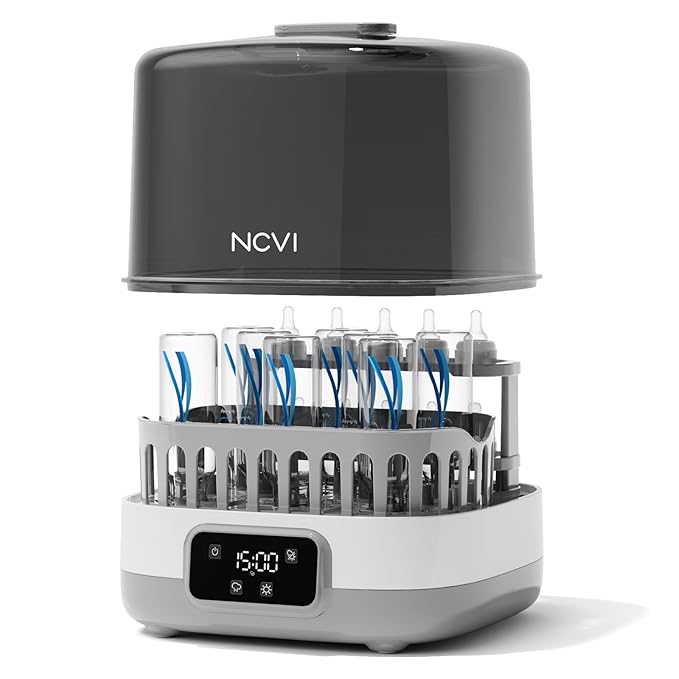 NCVI 20-Minute Baby Bottle Steamer Sterilizer and Dryer with 2 Bottle Trays for 8/6 Bottles, Fast Electric Steam Sterilization Disinfection for All Bottles, Pacifiers, Teether and Breast Pump Parts