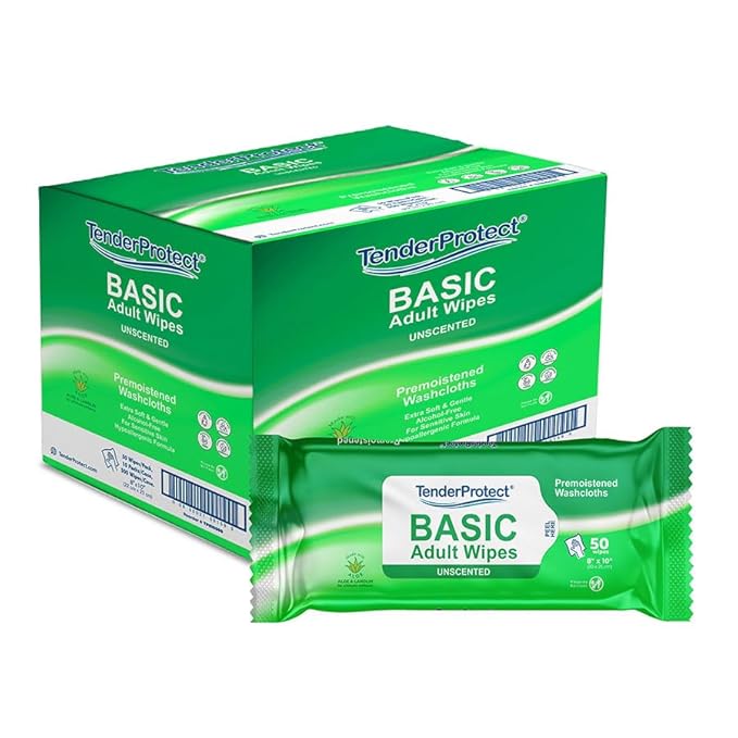 TenderProtect® Basic Adult Wipes, Large 8” x 10”, Super Soft Wash Cloths for Skin Cleansing, Everyday Wipes for Adults and Babies, Incontinence Care, Unscented & Hypoallergenic, 500 count(10pks of 50)