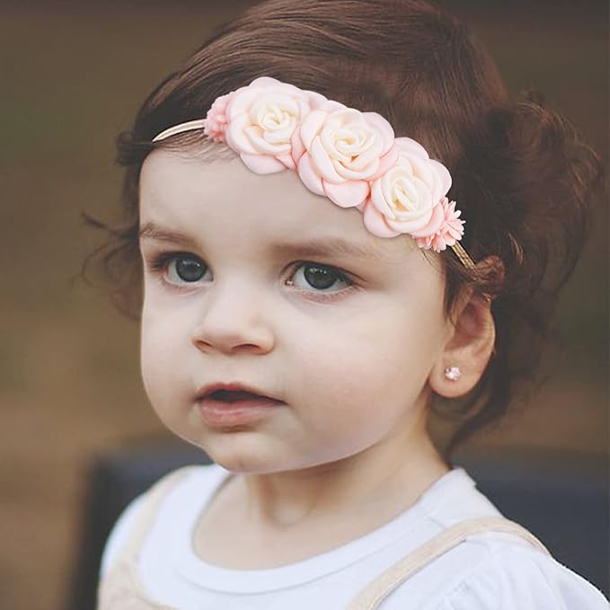 Baby Girl Nylon Headbands Flower Hair Bows Accessories-Elastic Hair Band Crown Handmade FLoral Wraps Birthday Gifts for Girls Newborn Infant Toddler 3Pcs