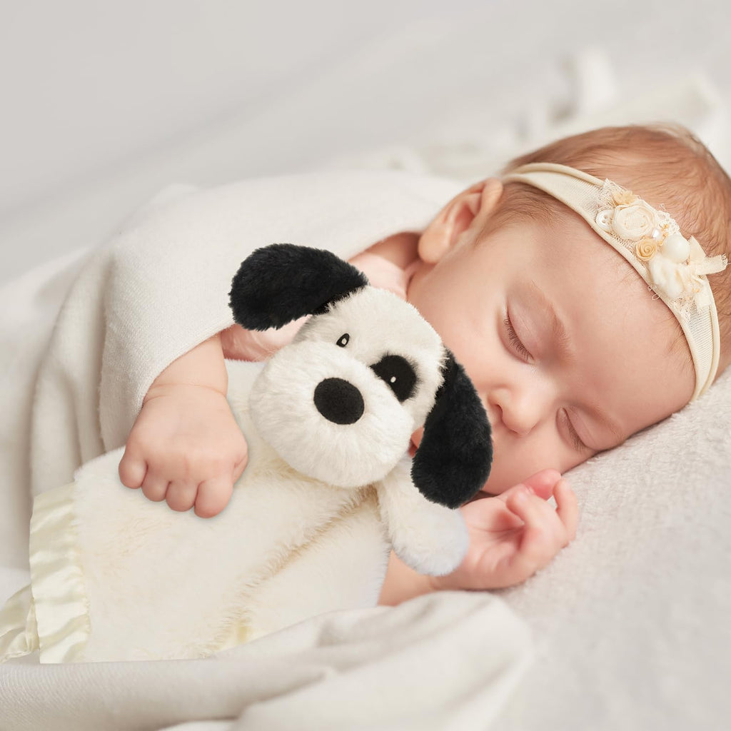 Puppy Baby Security Blanket for Toddler Infant Newborn Boys and Girls Soft Lovey Plush Fabric and Satin Backing, Black 13.5 Inch