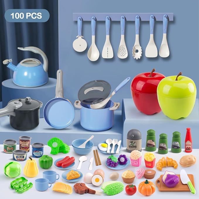 100Pcs Kitchen Playset, Kids Pretend Cooking Play Pots, Pans, Utensils, Cookware, Toy Food Fruits Veggies, with 2 Large Apple - Shaped Storage, Toddler Cooking Learning Gift (Blue