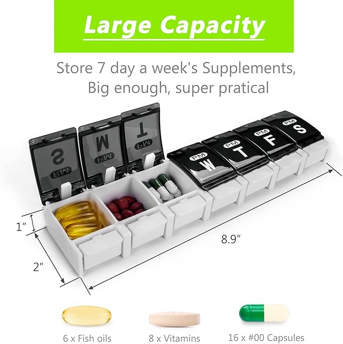 Extra Large Weekly Pill Organizer 2 Times a Day - Remtise Am/Pm Daily Pill Case Medicine Organizer, Push Button 7 Day Pill Box for Pills/Vitamin/Cod Liver Oil/Supplements (Black & White)