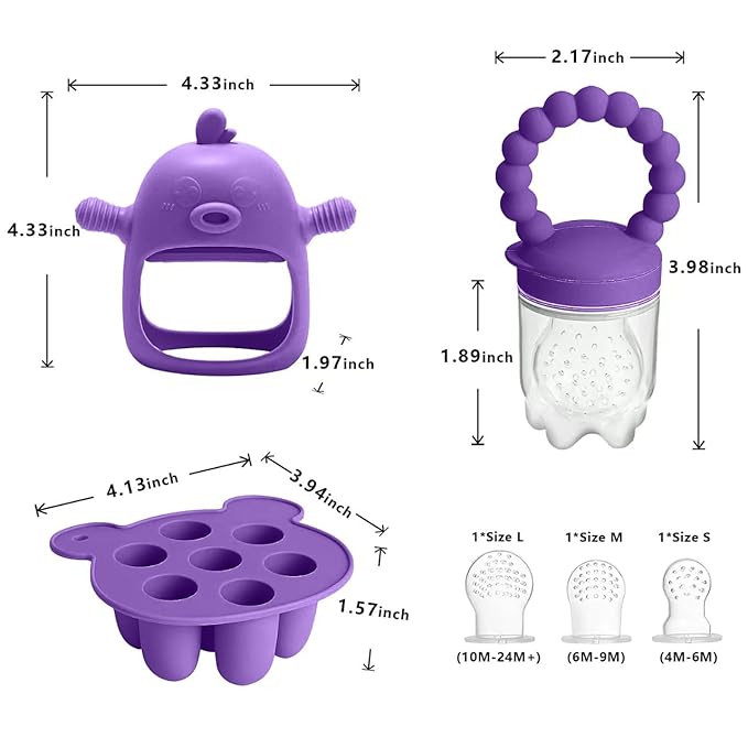 Baby Fruit Food Feeder Breastmilk Popsicle Molds for Teething Relief - 3 Pack Feeding Sets - 1 Freezer Tray with Lid & 1 Teether Toy & 1 Silicone Pacifier + 3 Extra Sizes Infant Feed Mesh (Purple)