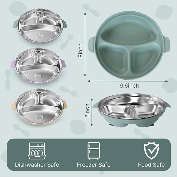Stainless Steel Toddler Plates with Suction | Non-Slip Divided Baby Plates BPA Free & Non Toxic | Detachable Silicone Base| Dishwasher Safe | Unbreakable Kids Dinnerware 3-Pack