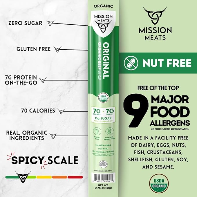 Mission Meats 100% Certified Organic Beef Sticks – Pasture-Raised, Zero Sugar, Non-GMO, Healthy Individually Wrapped Meat Sticks Snack, 0.75oz (24 Count)