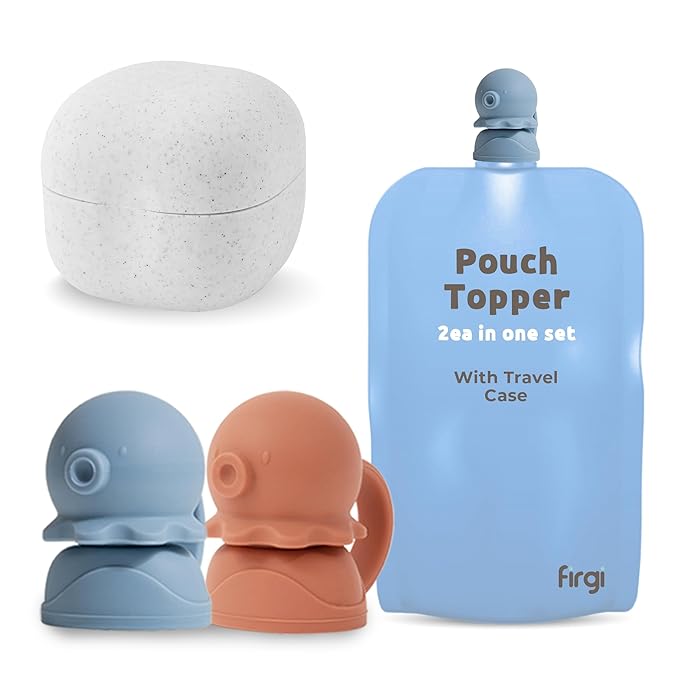 Octopus | Blue, Red | SoftSip Food Pouch Toppper | 2EA + Travel Case | Prevent Spills & Leakage | Protect Child Baby Toddler Mouth | Food Grade Silicone Reusable | Baby Led Weaning | BPA Free