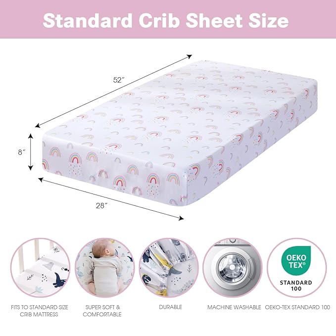 Plushii Crib Sheets for Baby Girls 3 Pack, 28"x 52" Extra Soft Microfiber Crib Sheet Set for Baby Crib Mattress Sheet & Toddler Mattress Pad, Rainbow & Elephant & Stars