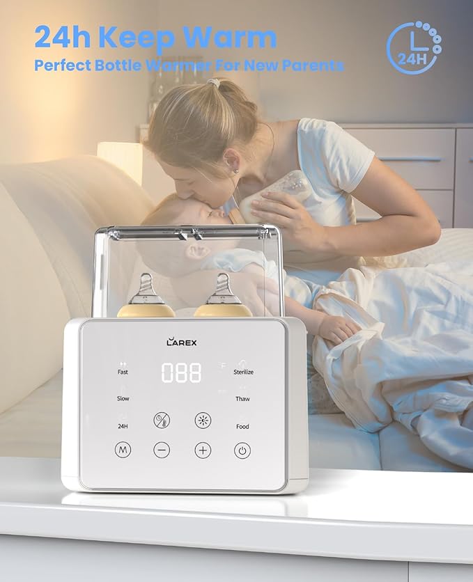 LAREX Double Bottle Warmer, 11-in-1 Fast Baby Bottle Warmer for Breastmilk and Formula, with Timer, Fits 2 Bottles, Accurate Temp Control, Milk Warmer with Thaw, Steri-lizing, Keep Warm, Heat Food