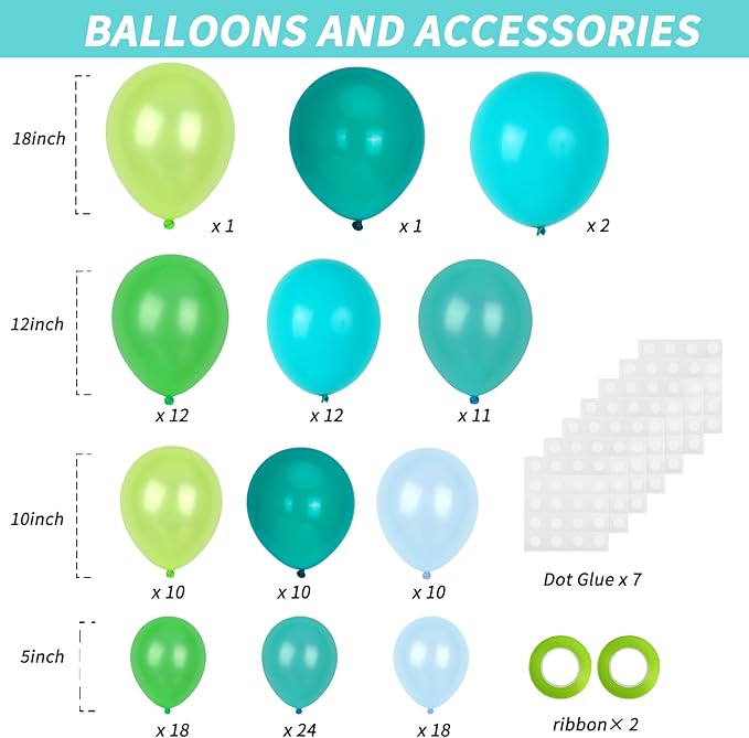 RUBFAC 129pcs Blue Green Balloons Different Sizes 18 12 10 5 Inch for Garland Arch, Green Blue Balloons for Birthday Baby Shower Gender Reveal Wedding Party Decoration