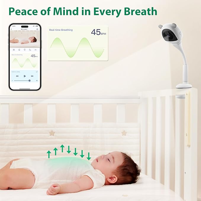 Smart Baby Monitor WiFi with Camera and Audio, Baby Breathing Detection Contact-Free AI, 2K Night Vision Contact Free Camera Device, Wireless App Control, No Monthly Fee - White