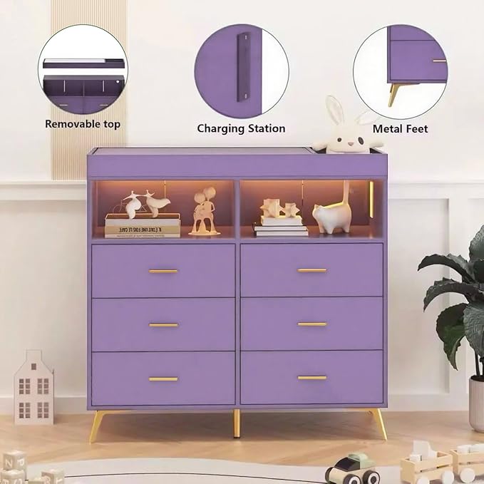 Dresser for Bedroom with LED Lights and Power Outlet, Baby Changing Table Dresser with 6 Drawers, 2 Open Storage Shelves, Baby Diaper Station with Changing Table Top (Purple)