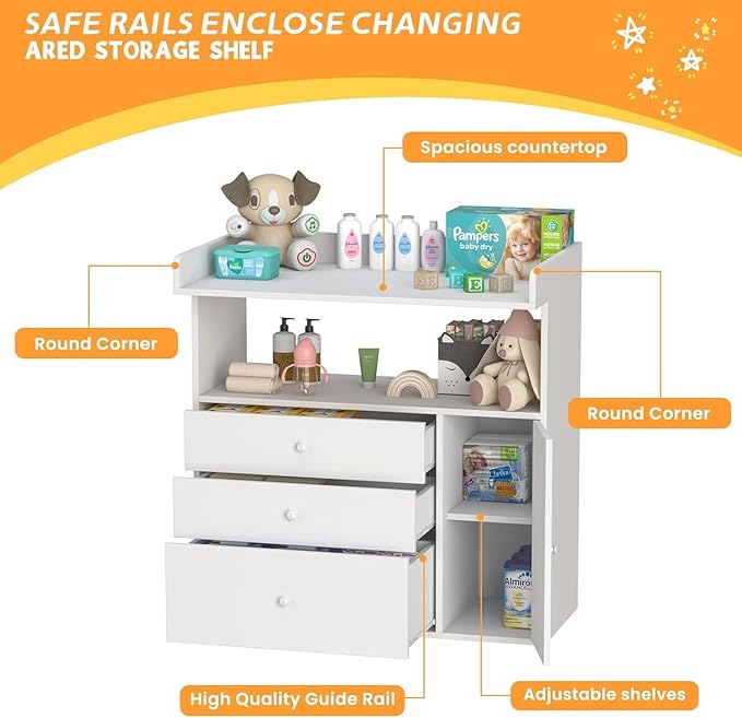 Baby Changing Table Dresser with Wide Tabletop, 3 Drawers & Open Storage Space, Baby Dresser with Changing Table Top, Perfect for Baby Bedrooms & Nurseries (Extra Large)
