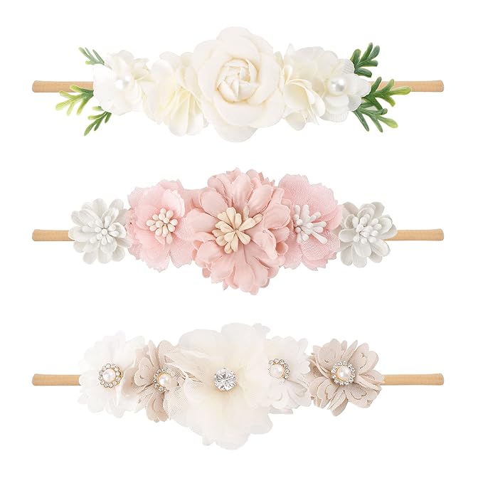 Baby Girl Nylon Headbands Flower Hair Bows Accessories-Elastic Hair Band Crown Handmade FLoral Wraps Birthday Gifts for Girls Newborn Infant Toddler 3Pcs