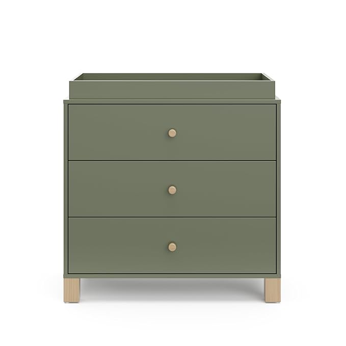 Storkcraft California 3-Drawer Chest with Removable Changing Topper (Olive with Driftwood) – GREENGUARD Gold Certified, Interlocking Drawer System, Pre-Installed Tracks, Easy Assembly