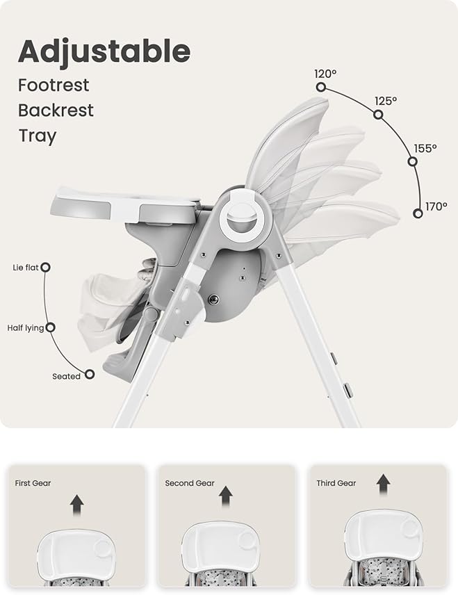 Foldable High Chair with Soft Cushion, High Chairs for Babies and Toddlers, Height Adjustable Feeding Chair, Adjustable Backrest and Footrest, Lockable Wheels, Star Gray