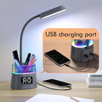 WILIT LED Desk Lamp for College Dorm Room Essentials, Students Study Lamp with Charging Station, Pen Holder, Clock & RGB Night Light, Office Desk Accessories, Table Lamp for Bedroom - Gray