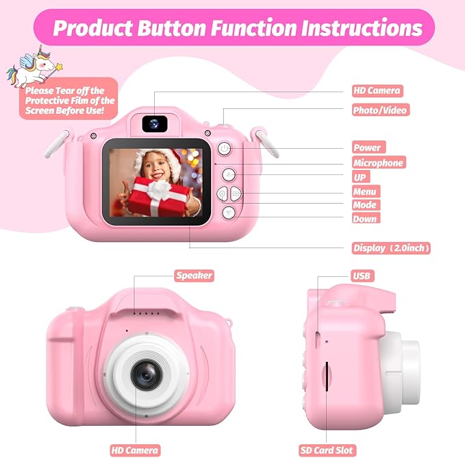 Upgrade Unicorn Kids Camera, Christmas Birthday Gifts for Girls Boys Age 3-12, 1080P HD Selfie Digital Video Camera for Toddlers, Cute Portable Little Girls Boys Gifts Toys for 3 4 5 6 7 8 9 Years Old