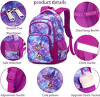 Cusangel Purple Mermaid 3pcs Set with Lunch Box Pencil Case,Multi Compartment Backpack, Dinosaur Backpack Chest Strap Side Pockets 16 Inch