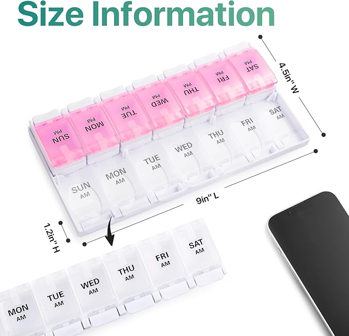 Sukuos AM PM Weekly Pill Organizer 7 Day, 2 Times A Day Medicine Pill Box with Easy Push Button, BPA Free Vitamin Cases for Fish Oil/Supplements (Pink&White)