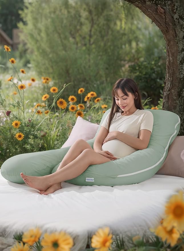 QUEEN ROSE Pregnancy Pillows, Soft Cotton U Shaped Body Pillow for Sleeping, Maternity Pillow for Pregnant Women, Green