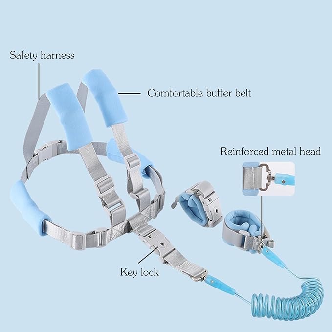 Toddler Harness Leash, 2-in-1 Anti Lost Leash with Safety Lock & Adjustable Wrist Link, 6.6ft Rein for Kids 1-3 Years, Baby Security Harness for Crowded Places, Travel, Shopping (Blue)