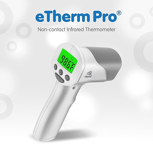 Elepho eTherm Pro Medical Quality Non-Contact IR Forehead Thermometer for Family or Office Use. Instant Body, Object, or Liquid Readings. Large LCD Display. 32 Memory Readings