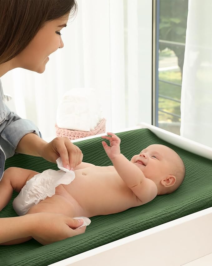 Blissful Diary Muslin Changing Pad Cover for Girls Boys, Ultra Soft Breathable Cotton, Baby Diaper Change Table Pad Covers, 2Pack (Monstera Leaves&Dark Green)