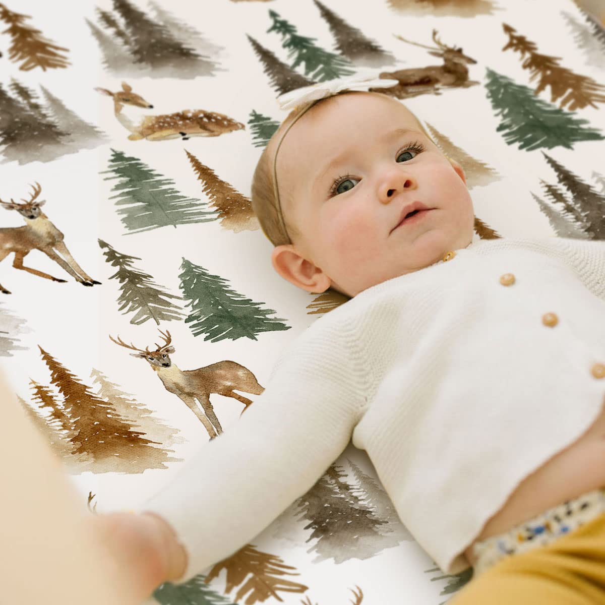 Stretchy Ultra Soft Jersey Knit Fitted Pack n Play Sheets Set 2 Pack, Portable/Mini Crib Sheets with Deep Pocket, Fitted Playard Mattress Safe and Snug, Stylish Watercolor Deer and Leaves