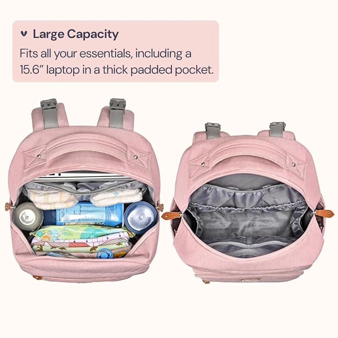 BabbleRoo Diaper Bag Backpack, Travel Backpack with Changing Pad, Pacifier Case & Stroller Straps, Multifunction, Waterproof, Unisex – Pink