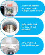 EVLA'S Double Baby Food Maker with 2 Steaming Baskets, Steamer, Blender, Grinder, Food Processor, Cook & Blends Healthy Baby Food in Minutes, Touch Screen, with 6 food pouches, White