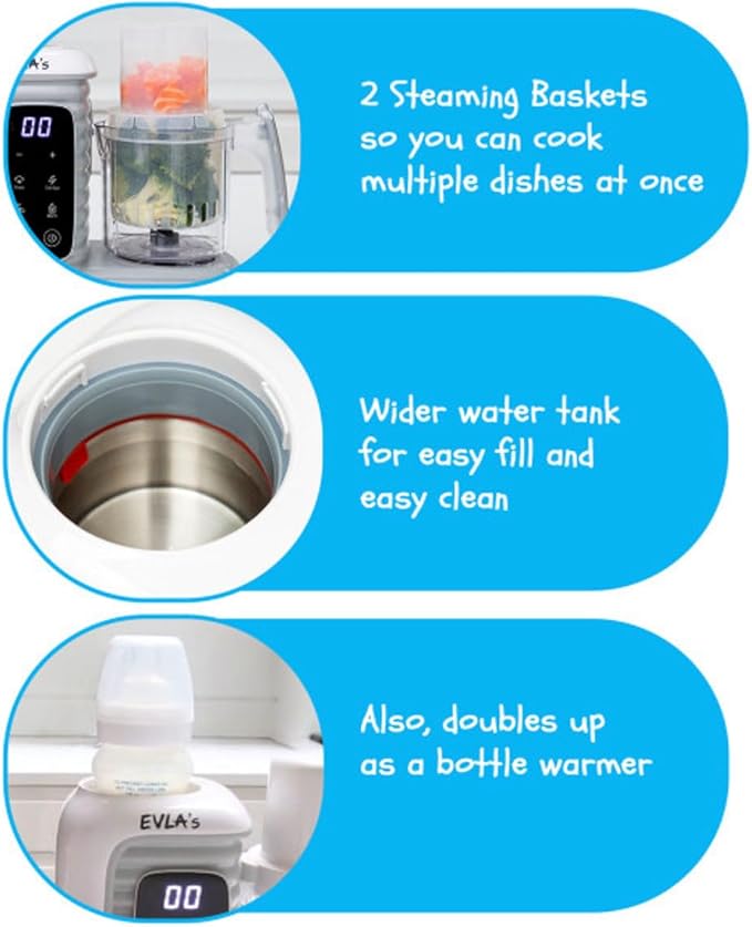 EVLA'S Double Baby Food Maker with 2 Steaming Baskets, Steamer, Blender, Grinder, Food Processor, Cook & Blends Healthy Baby Food in Minutes, Touch Screen, with 6 food pouches, White