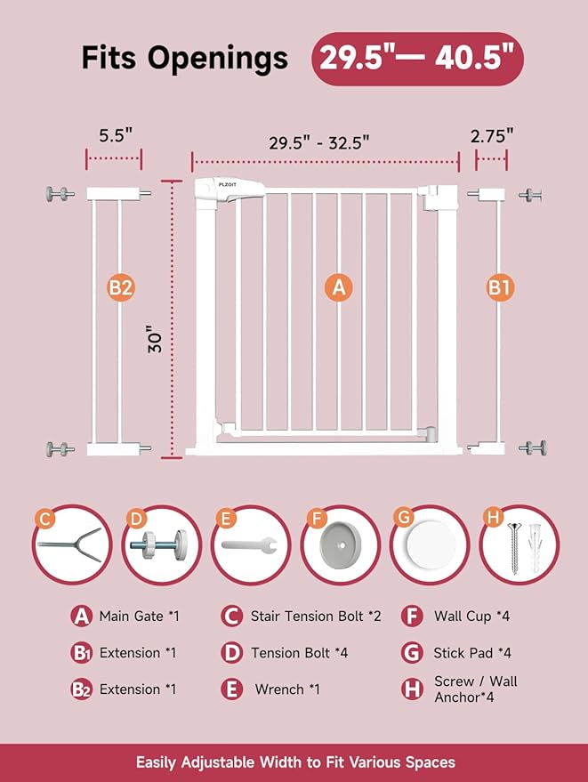 Baby Gate for Stairs, 29.5-40.5" Dog Gate for Doorways, Walk Thru Auto Close Metal Child Gate for The House, Stairs and Doorways, Pressure Mounted Pet Gate for Dog Indoor (White)