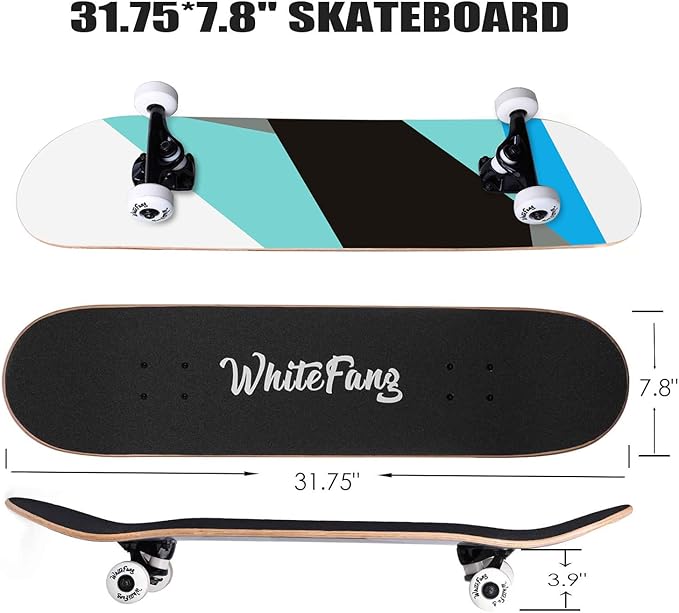 WhiteFang Skateboards for Beginners, Complete Skateboard 31 x 7.88, 7 Layer Canadian Maple Double Kick Concave Standard and Tricks Skateboards for Kids and Beginners