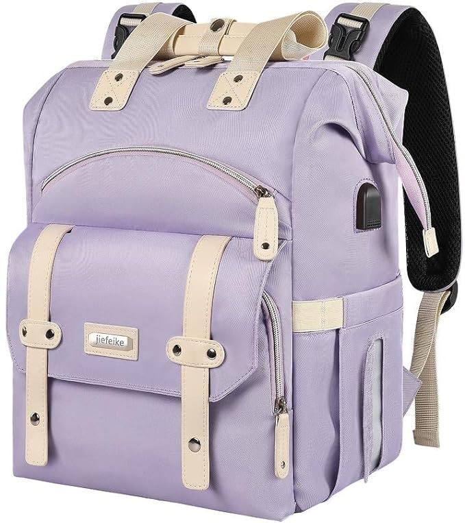 Jiefeike Diaper Bag Backpack,Purple Travel Backpack for Dad Mom Boys Girls,Insulated Pockets Portable Baby Nappy Bags with USB Charging Port,RFID Anti-Theft Water-Resistant Pocket Stroller Straps