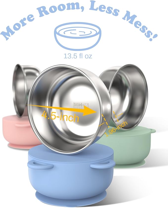 Baby Suction Bowls with Lids 4-Pack, 2-in-1 Stainless Steel 304 Toddler Bowl & Removable Silicone Suction Kids Bowl Plate Set Non Toxic Snack Dishes for Self-Feeding, Organic Bloom