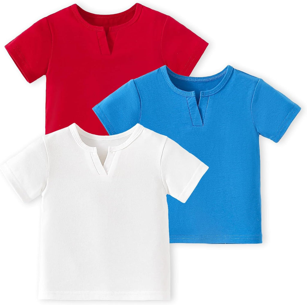 OPAWO Toddler Boy Shirts 3 Pack, V-Neck Short Sleeve Toddler Tshirts, Blank Baby Tee Shirts Summer Tops 12 Months-5T