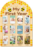 ORIGACH My First Year Baby Growth Photo Display Wood Board - 12 Months Newborn Milestones Photo Board - Neutral Baby Keepsake Board 1st Birthday Party Nursery Decor New Mom Gift - Bee