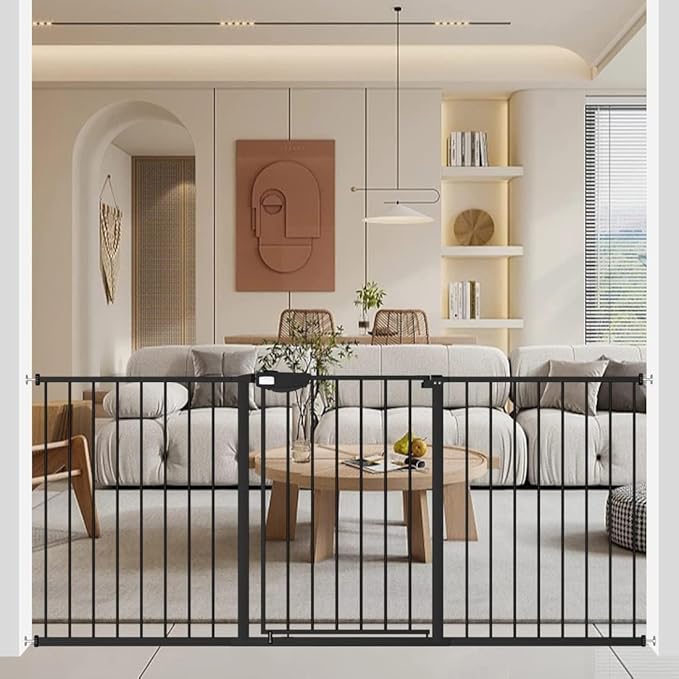 WAOWAO Triple Lock Baby Gate Extra Wide 67.32-72.04" Pressure Mounted Walk Through Swing Auto Close Safety Black Metal Dog Pet Puppy Cat for Stairs,Doorways,Kitchen