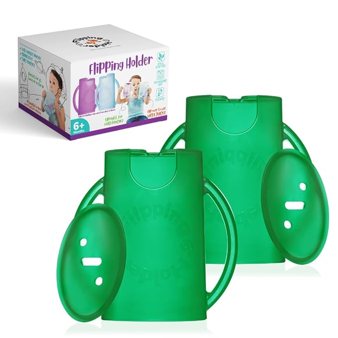 Flipping Holder Squeeze Proof Food Pouch Holder for Toddlers, Babies, Kids, Mess Free No Squeeze Juice Box Drink and Applesauce Snack Holder with Easy Grip Handles and Lid