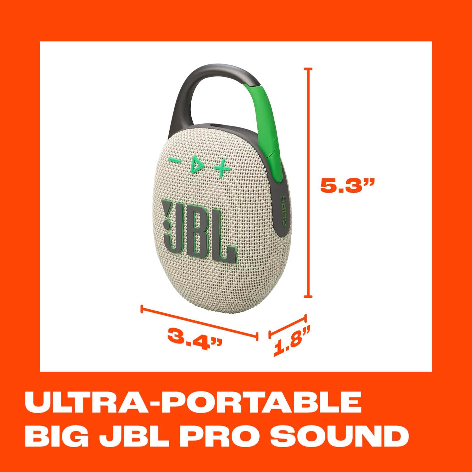 JBL Clip 5 - Ultra-Portable, Waterproof & Dustproof Bluetooth Speaker, Big Pro Sound with Punchy bass, Integrated Carabiner, Up to 12 Hours of Play, Made in Part with Recycled Materials (Sand)