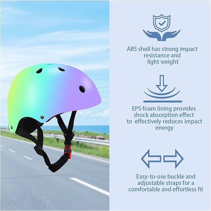 Color Gradient Adjustable Kids' Helmet with Knee & Elbow Pads Set | Multi-Sport Safety Gear for Boys & Girls Ages 5-14 | Skateboarding, Scooters, Roller & Inline Skating, Longboarding