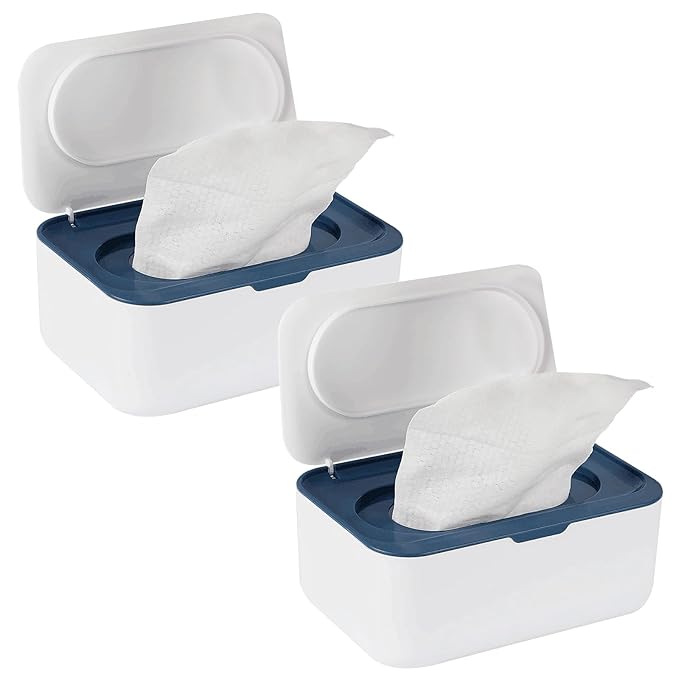 2 Pack Baby Wipes Dispenser, Wipes Case Baby Wipe Holder Keeps Wipes Fresh, Non-Slip, Easy Open & Close (2 Pack Blue)